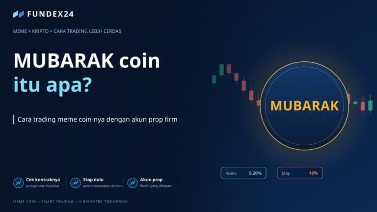 Gambar utama artikel MUBARAK coin: lambang token dan grafik candlestick, dengan label risiko 0,20% dan stop 10%