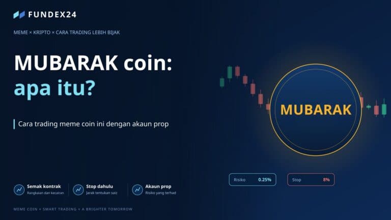 Imej utama artikel MUBARAK coin: lambang token dan carta lilin, dengan label risiko 0.25% dan stop 8%
