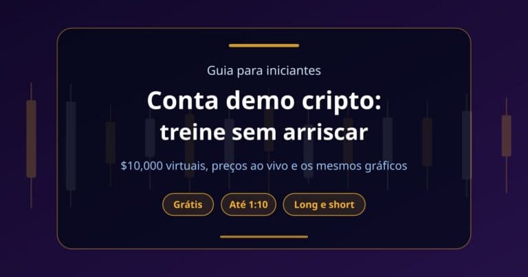 Card de capa com o título Conta demo cripto, saldo virtual de $10,000 e os destaques grátis, alavancagem até 1:10 e long e short