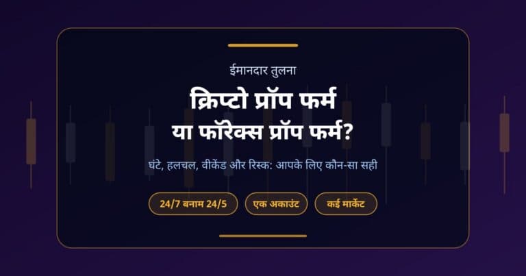 कवर इमेज: क्रिप्टो प्रॉप फर्म और फॉरेक्स प्रॉप फर्म की आमने-सामने तुलना, 24/7 बनाम 24/5 मार्केट और वीकेंड गैप
