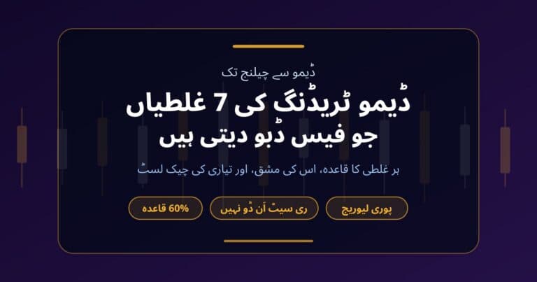 ڈیمو ٹریڈنگ کی سات غلطیوں اور پراپ چیلنج کی تیاری کا تعارفی کارڈ: پوری لیوریج، ری سیٹ اور 60% قاعدہ
