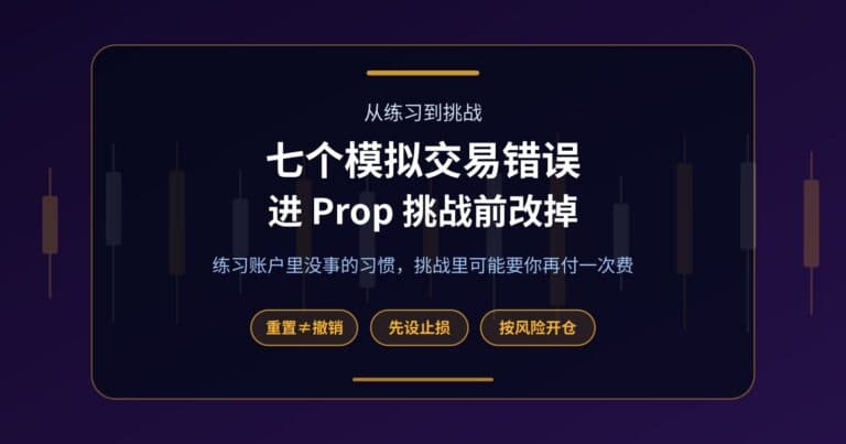 Fundex24 封面图:进 prop 挑战前要改掉的模拟交易错误,标出重置不是撤销、先设止损和按风险算仓位