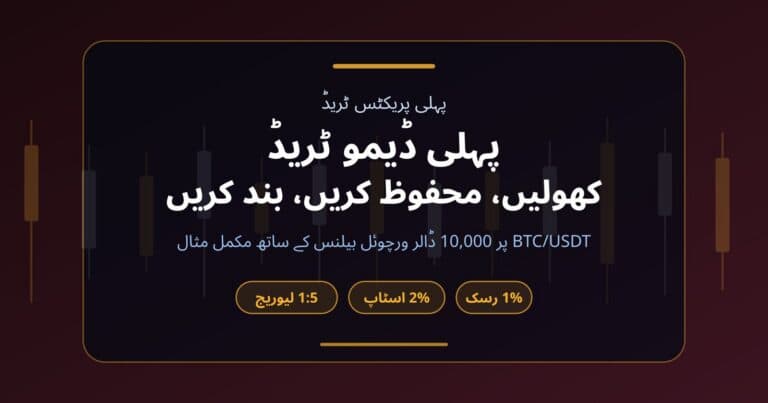 BTC/USDT پر پہلی ڈیمو ٹریڈ کا تعارفی کارڈ: 1% رسک، 2% اسٹاپ اور 1:5 لیوریج کے ساتھ مکمل مثال