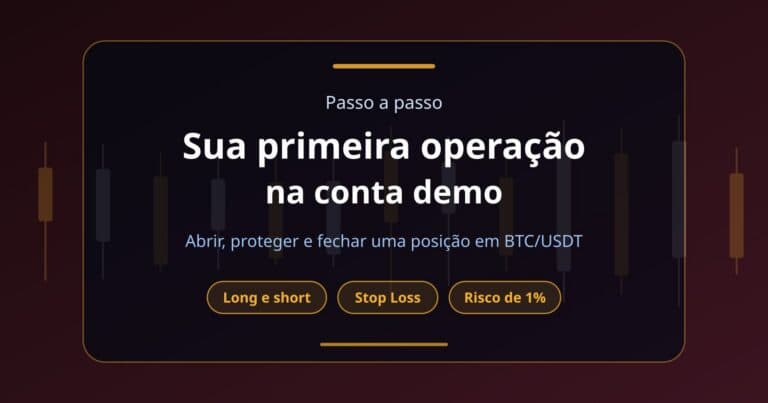 Card de capa do passo a passo da primeira operação na conta demo, com os destaques long e short, Stop Loss e risco de 1%