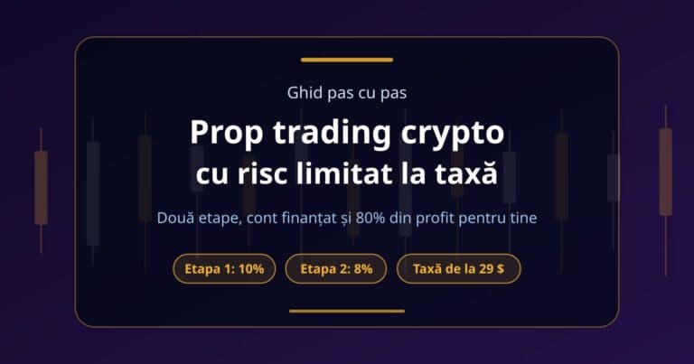 Coperta ghidului despre prop trading pe cripto cu risc limitat la taxă, cu țintele de 10% și 8% ale celor două etape și challenge-uri de la 29 $