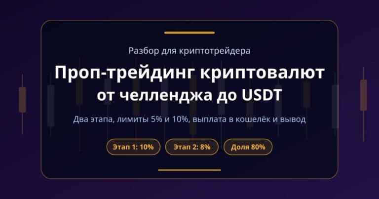 Обложка разбора: проп-трейдинг криптовалют в Fundex24 — цели этапов 10% и 8%, лимиты убытка 5% и 10% и доля прибыли 80%