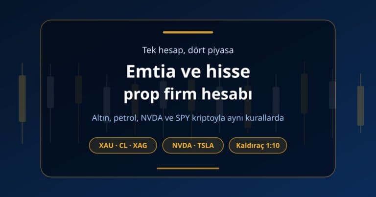 Altın, petrol, hisse ve ETF piyasalarının aynı kripto challenge hesabında 1:10 kaldıraç ve aynı limitlerle işlem gördüğünü anlatan kapak görseli