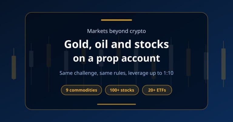Fundex24 hero card on trading gold, oil and stocks from a crypto prop challenge account, with chips for commodities, stocks and ETFs