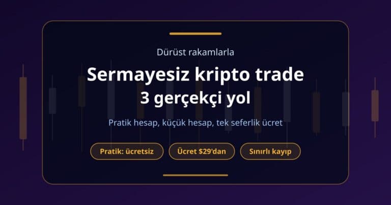Sermayesiz kripto trade için ücretsiz pratik hesap, küçük kendi hesabı ve tek seferlik ücretli değerlendirme yolunu özetleyen kapak görseli