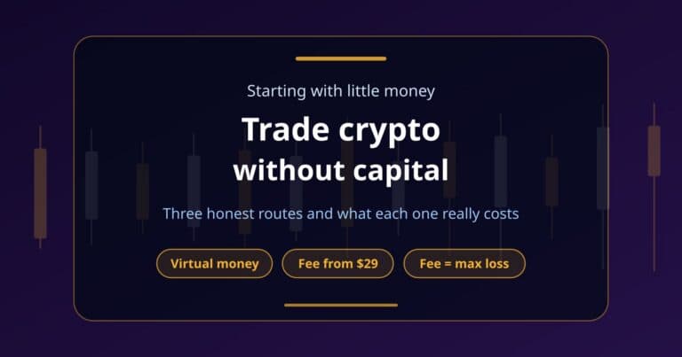 Fundex24 hero card on trading crypto without your own money, with chips for virtual money, a one-time fee and the fee as the most you can lose