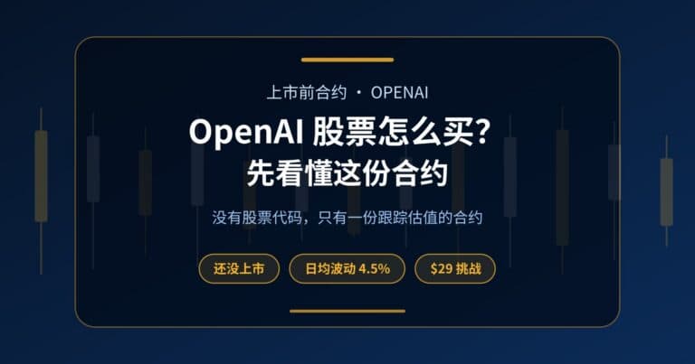 封面卡片说明 OpenAI 股票还没上市、没有股票代码,并标出 OPENAI 合约平均每天 4.5% 的波动与 29 美元挑战
