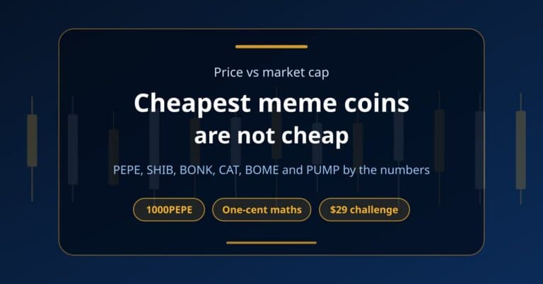 Cover card explaining why low-priced meme coins like PEPE, SHIB and BONK are not cheap once market cap is counted