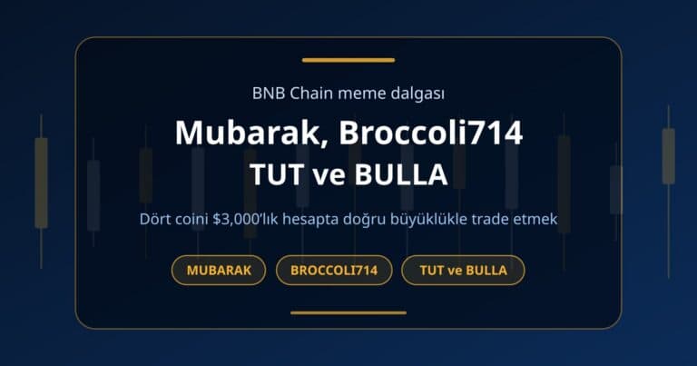 BNB Chain meme coinleri rehberinin kapak görseli: MUBARAK, BROCCOLI714 ve TUT etiketleri ve 3,000 dolarlık challenge hesabı