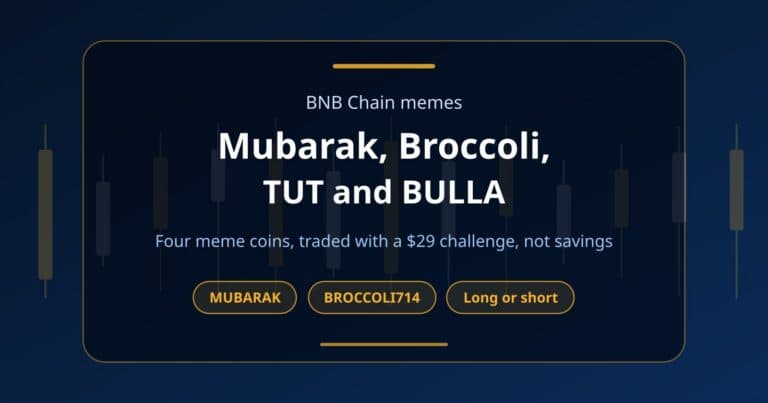 Cover card for a guide to the BNB Chain meme coins Mubarak, Broccoli, TUT and BULLA traded on a $3,000 challenge account