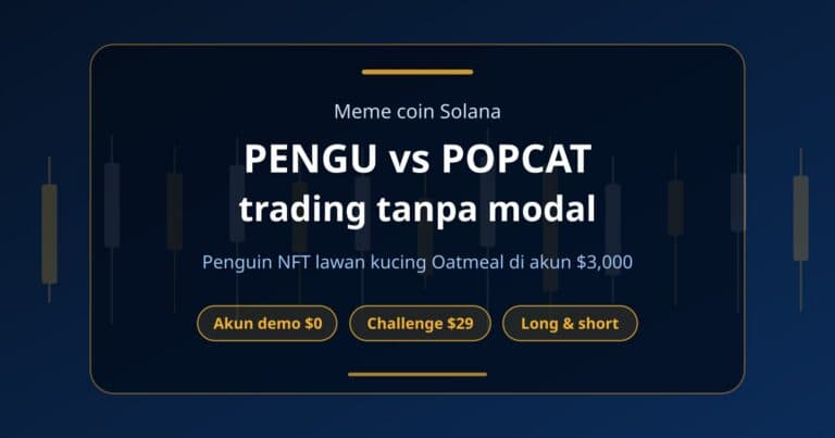 Sampul artikel PENGU dan POPCAT dengan dua meme coin Solana dan akun challenge $3,000 seharga $29