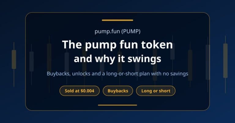Hero card for the pump.fun PUMP token guide with chips for the $0.004 sale price, revenue buybacks and long or short trading