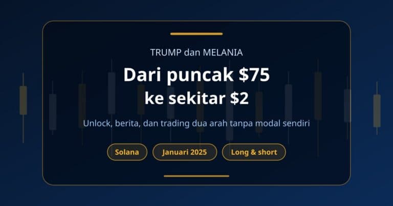 Sampul artikel tentang meme coin TRUMP dan MELANIA, dengan catatan penurunan dari puncak dan trading dua arah di akun challenge