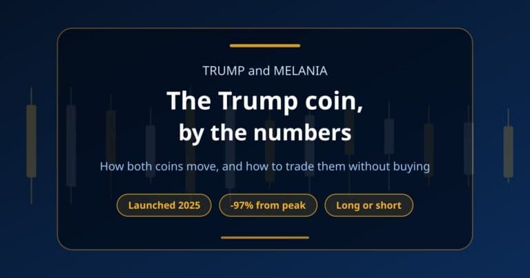 Hero card for the TRUMP and MELANIA meme coin guide with chips for the January 2025 launch, the 97% decline and long or short trading