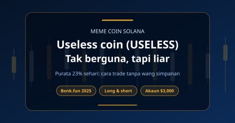 Kad tajuk Fundex24 tentang useless coin di Solana, dengan julat harian purata 23% dan akaun cabaran $3,000