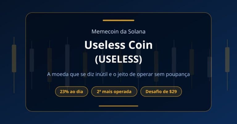 Capa sobre a USELESS, memecoin da Solana, com destaques para a amplitude diária média de 23%, o segundo lugar entre as memecoins e o desafio de $29