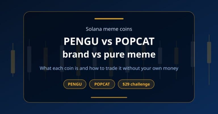 Cover card comparing the Pudgy Penguins token PENGU with the Solana cat meme coin POPCAT