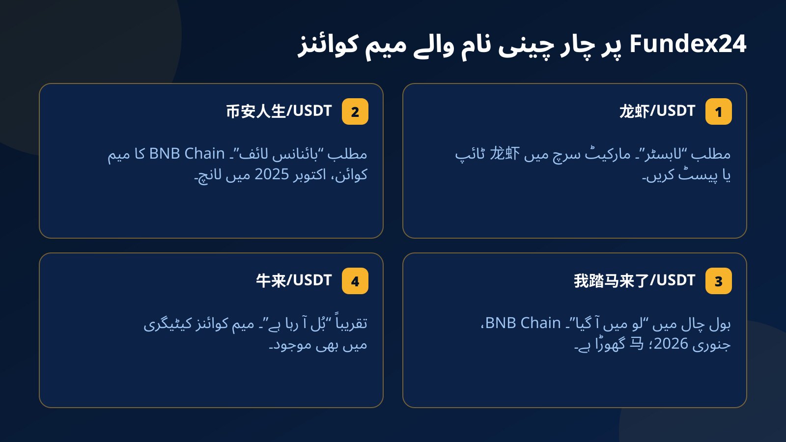 Fundex24 کے چار چینی نام والے میم کوائنز کے کارڈز: 龙虾/USDT یعنی لابسٹر، 币安人生/USDT یعنی بائنانس لائف، 我踏马来了/USDT یعنی لو میں آ گیا، اور 牛来/USDT یعنی بُل آ رہا ہے