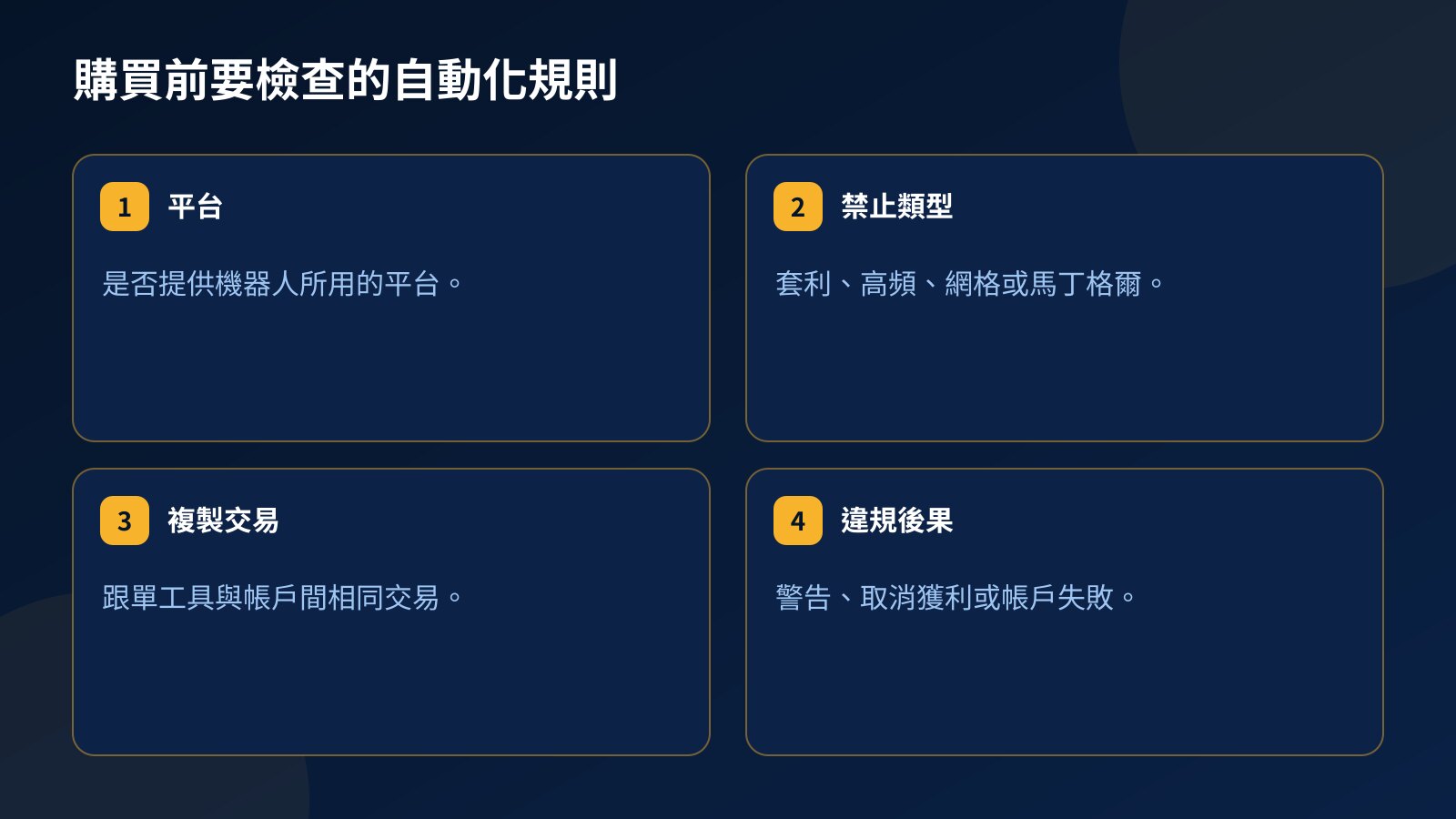 購買考核前要檢查的自動化規則:機器人執行的平台、禁止的類型、帳戶之間的複製交易,以及違規後果