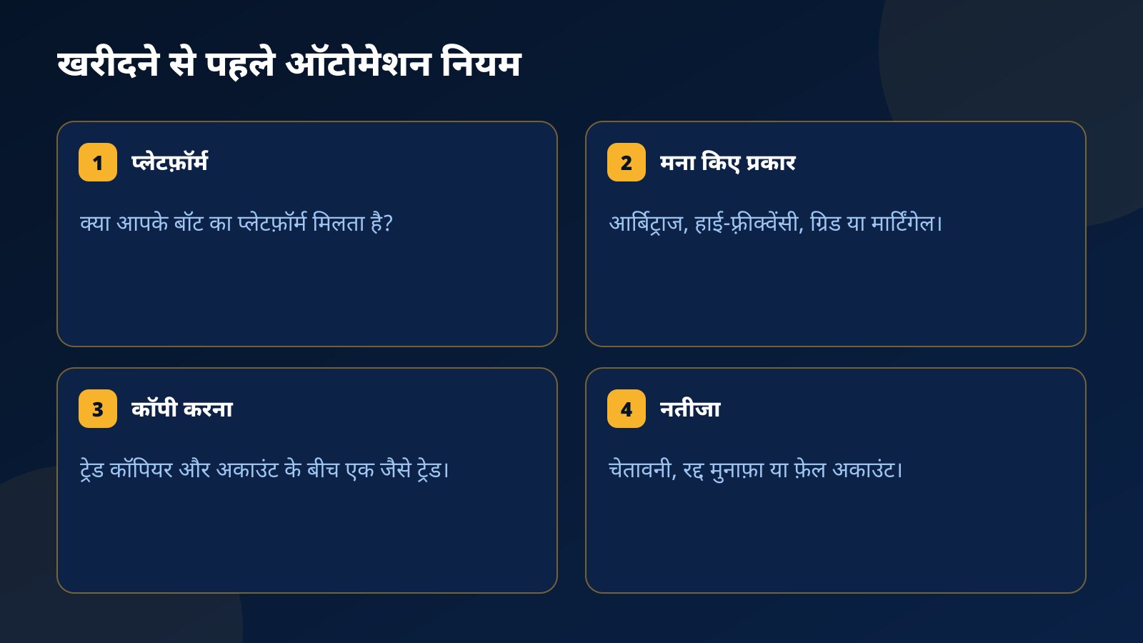 प्रॉप फ़र्म चैलेंज खरीदने से पहले जाँचने वाले ऑटोमेशन नियम: बॉट का प्लेटफ़ॉर्म, मना किए गए प्रकार, अकाउंट के बीच कॉपी और उल्लंघन का नतीजा