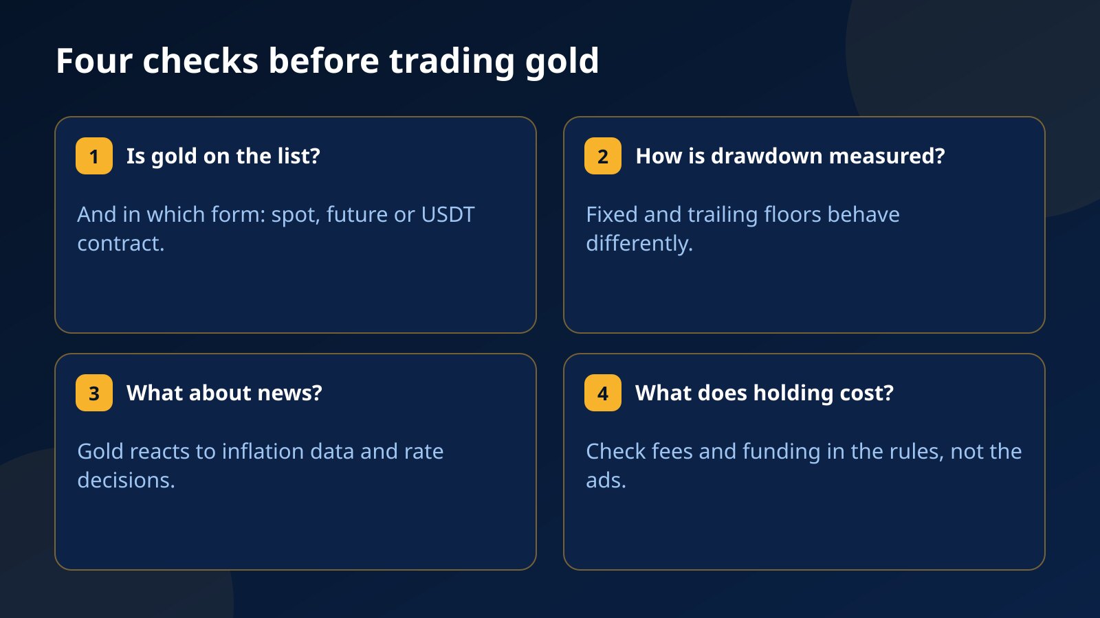 Four checks before trading gold on a funded account: whether gold is listed and in which form, how drawdown is measured, the news rules and the cost of holding a position