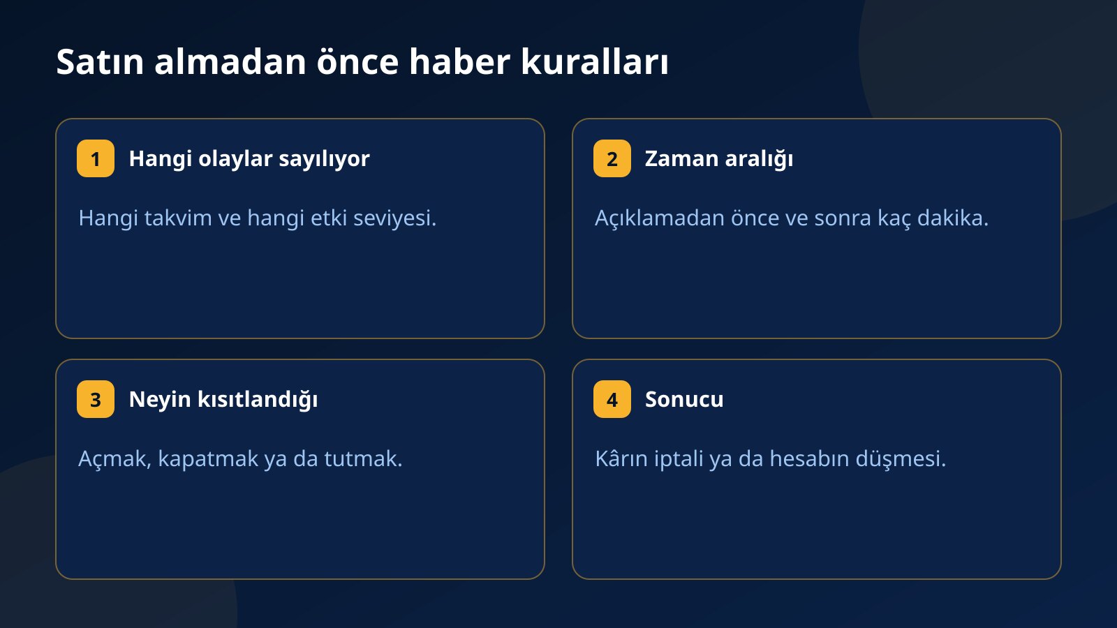 Değerlendirme satın almadan önce kontrol edilecek haber kuralları: hangi olaylar sayılıyor, açıklama etrafındaki zaman aralığı, neyin kısıtlandığı ve ihlalin sonucu