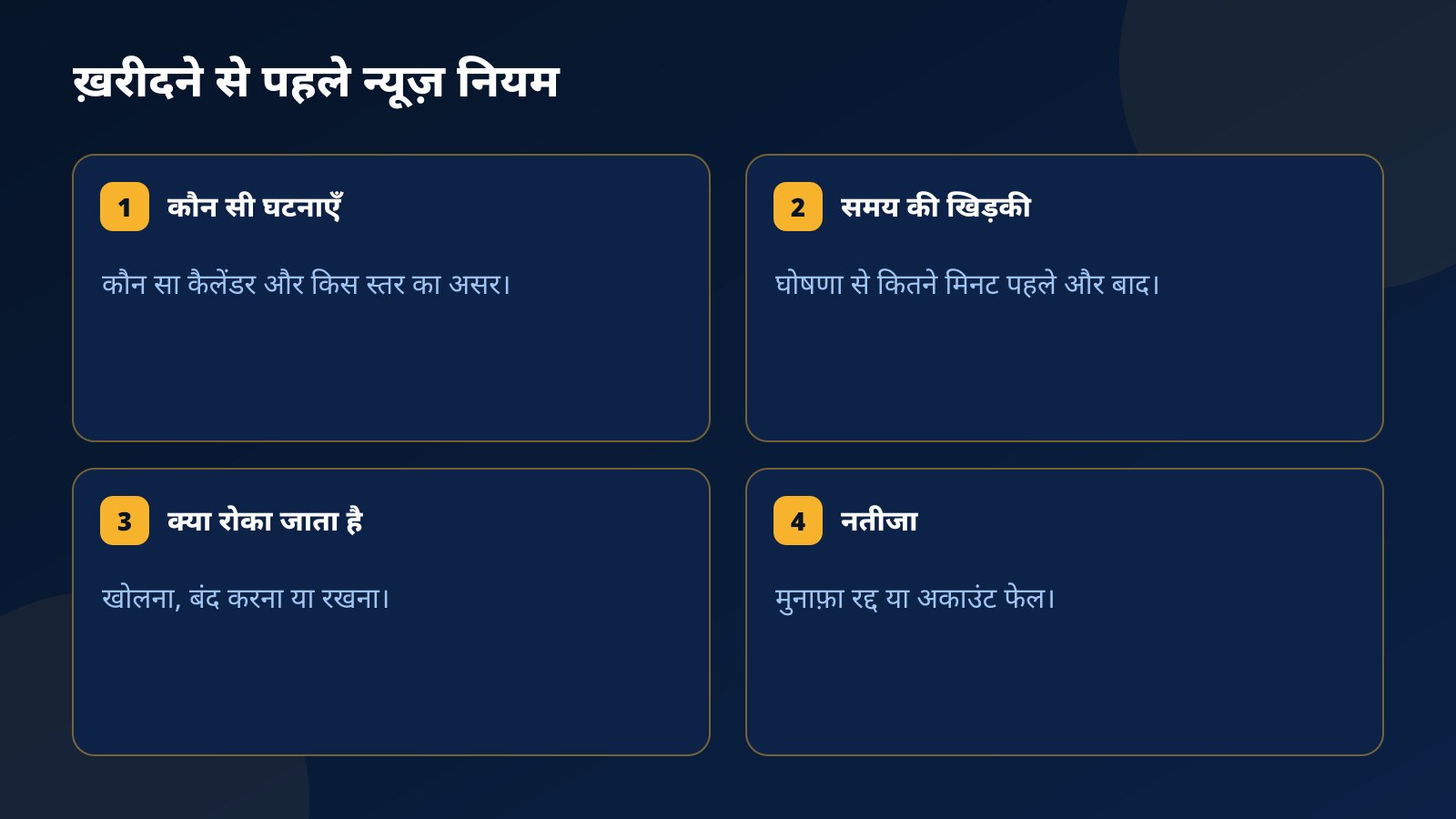 मूल्यांकन ख़रीदने से पहले जांचने वाले न्यूज़ नियम: कौन सी घटनाएँ गिनी जाती हैं, घोषणा के आसपास समय की खिड़की, क्या रोका जाता है और नियम टूटने का नतीजा