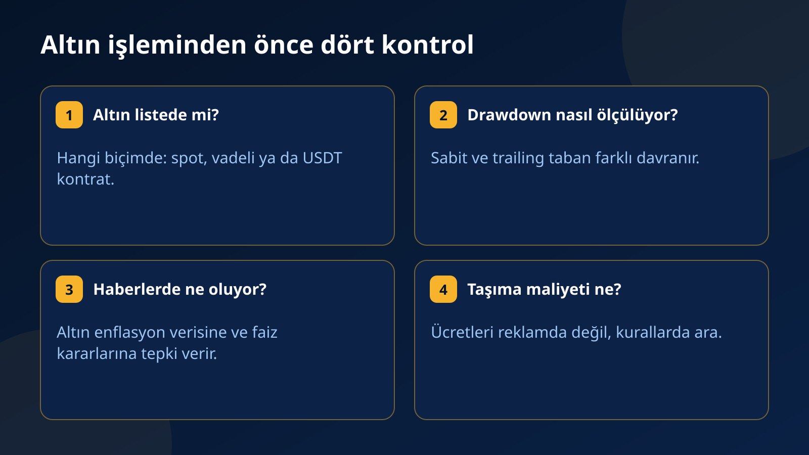 Funded account'ta altın işlemi öncesi dört kontrol: altın listede mi ve hangi biçimde, drawdown nasıl ölçülüyor, haber kuralları ve pozisyon taşıma maliyeti