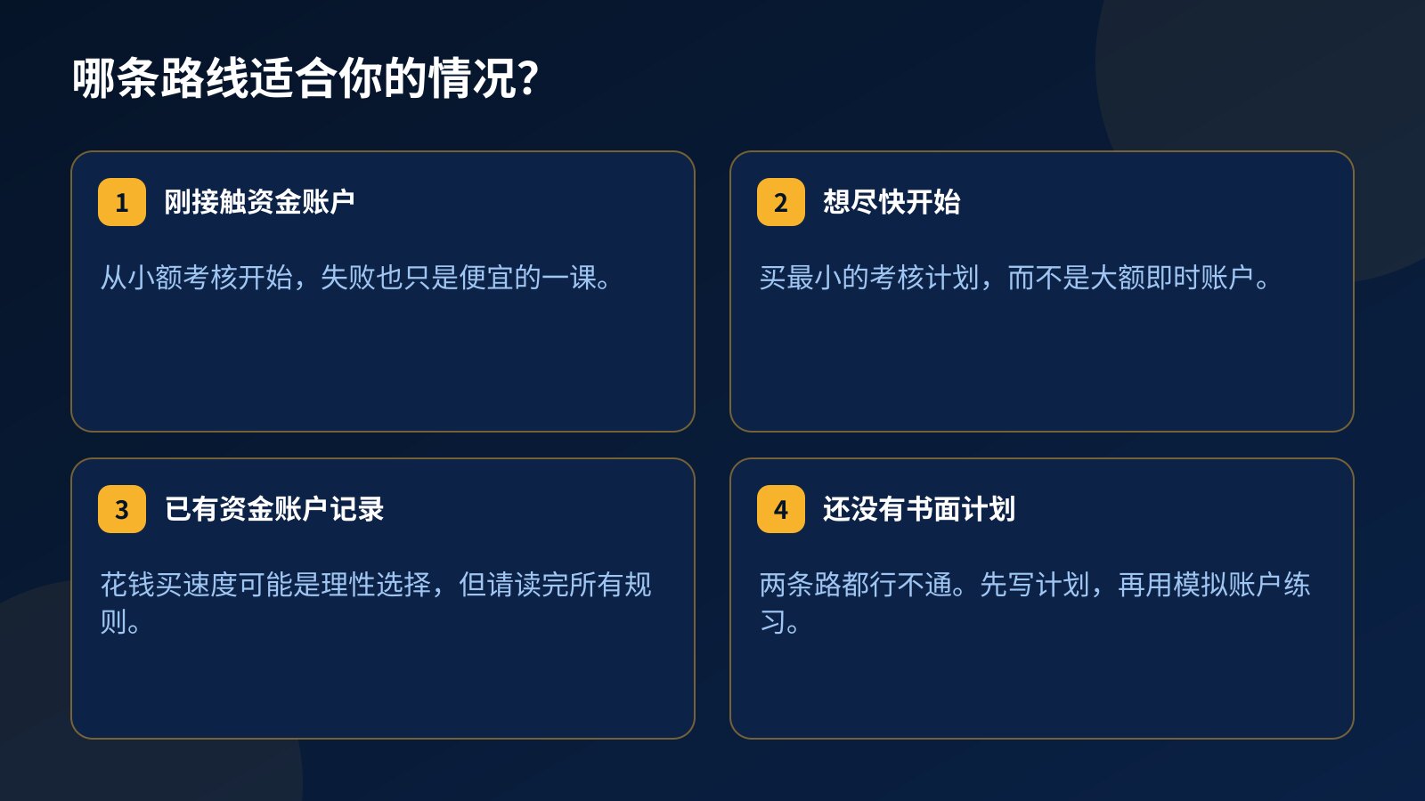 四种交易者情况与通常适合的路线：新手、想尽快开始的人、已有资金账户记录的人，以及没有书面计划的人