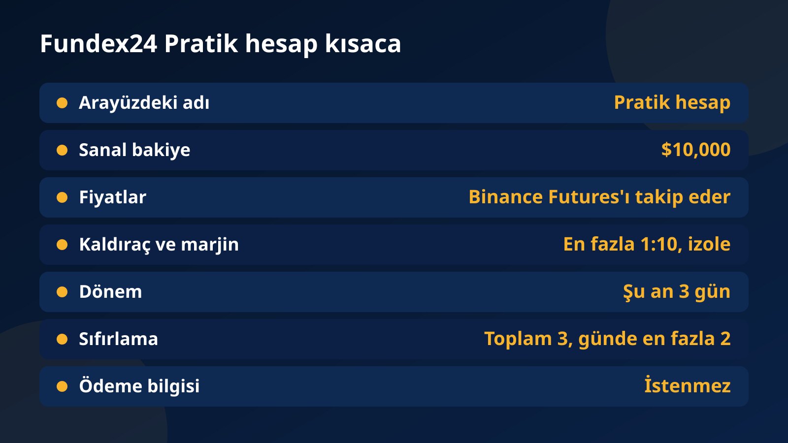 Fundex24 Pratik hesabın sanal bakiyesini, fiyat kaynağını, kaldıraç sınırını, dönem süresini ve sıfırlama haklarını gösteren tablo