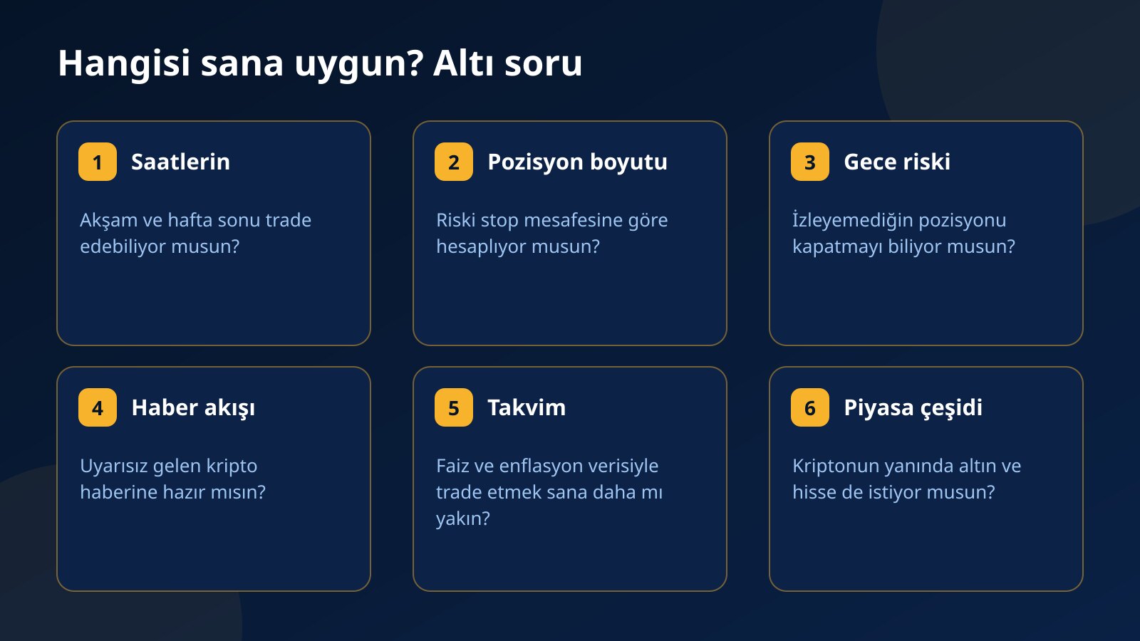 Kripto prop ile forex prop arasında seçim yapmak için saatler, pozisyon boyutu, gece riski, haber akışı, takvim ve piyasa çeşidi üzerine altı soruluk kontrol listesi