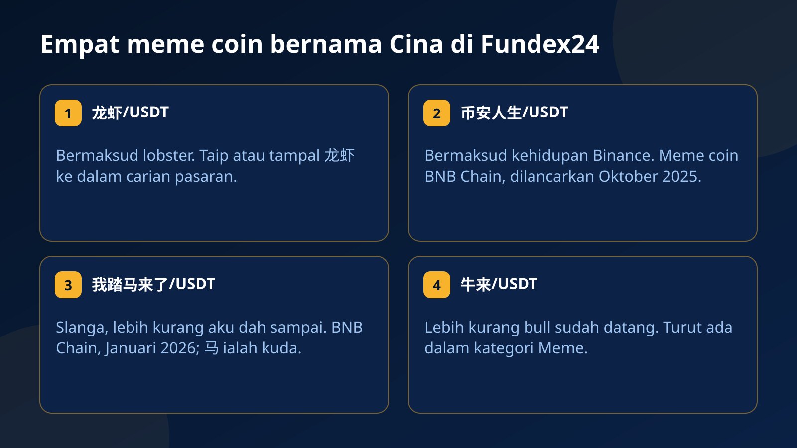 Empat kad meme coin bernama Cina di Fundex24: 龙虾/USDT bermaksud lobster, 币安人生/USDT bermaksud kehidupan Binance, 我踏马来了/USDT bermaksud aku dah sampai, dan 牛来/USDT bermaksud bull sudah datang