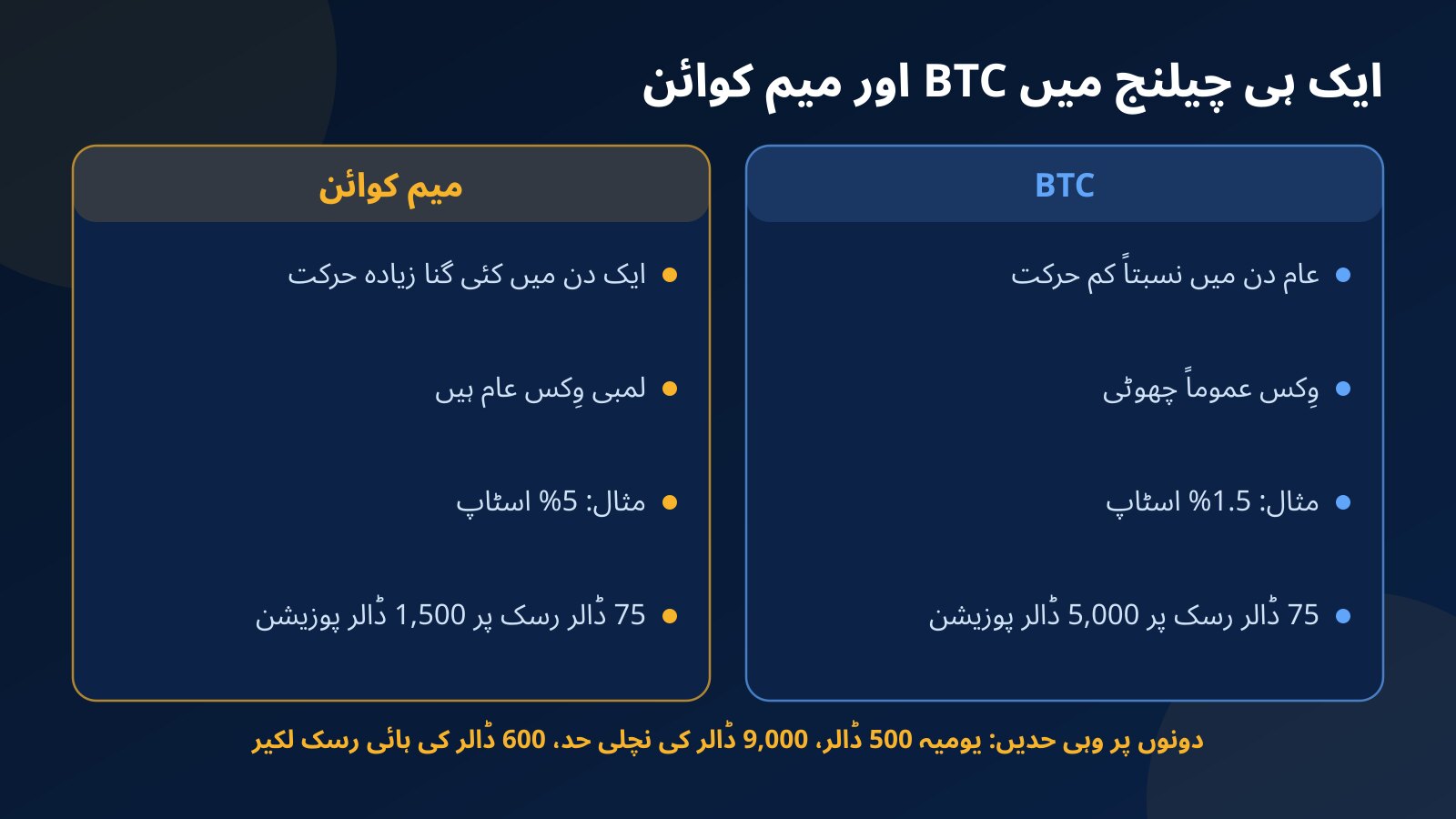 ایک ہی Fundex24 چیلنج میں BTC اور میم کوائن کا موازنہ: 1.5% اسٹاپ 5,000 ڈالر کی پوزیشن دیتا ہے، میم کوائن پر 5% اسٹاپ اسی 75 ڈالر رسک پر 1,500 ڈالر