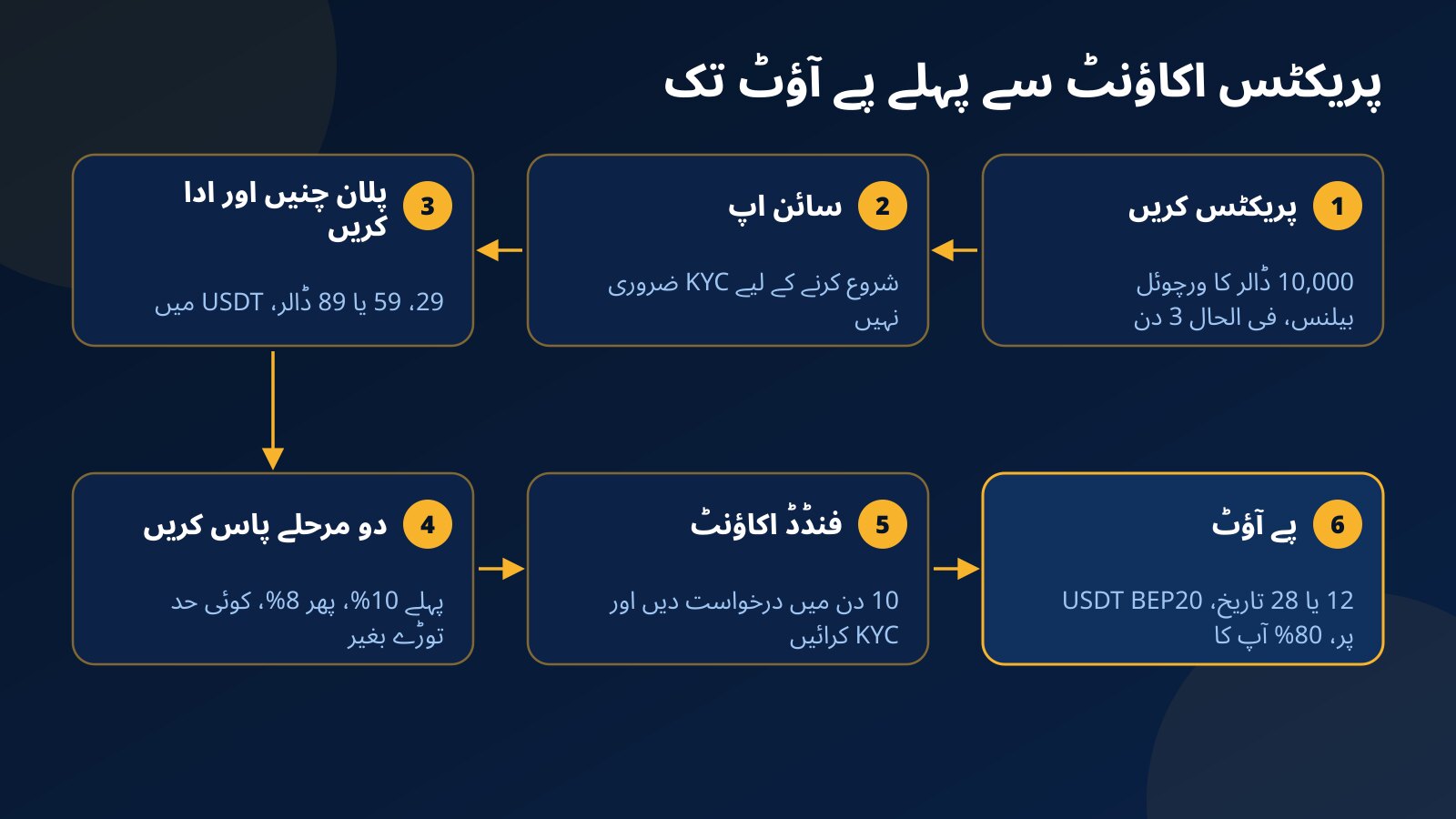 Fundex24 پر پریکٹس اکاؤنٹ سے سائن اپ، USDT ادائیگی، دو مرحلوں اور KYC سے ہوتے ہوئے 12 یا 28 تاریخ کے پے آؤٹ تک چھ قدم