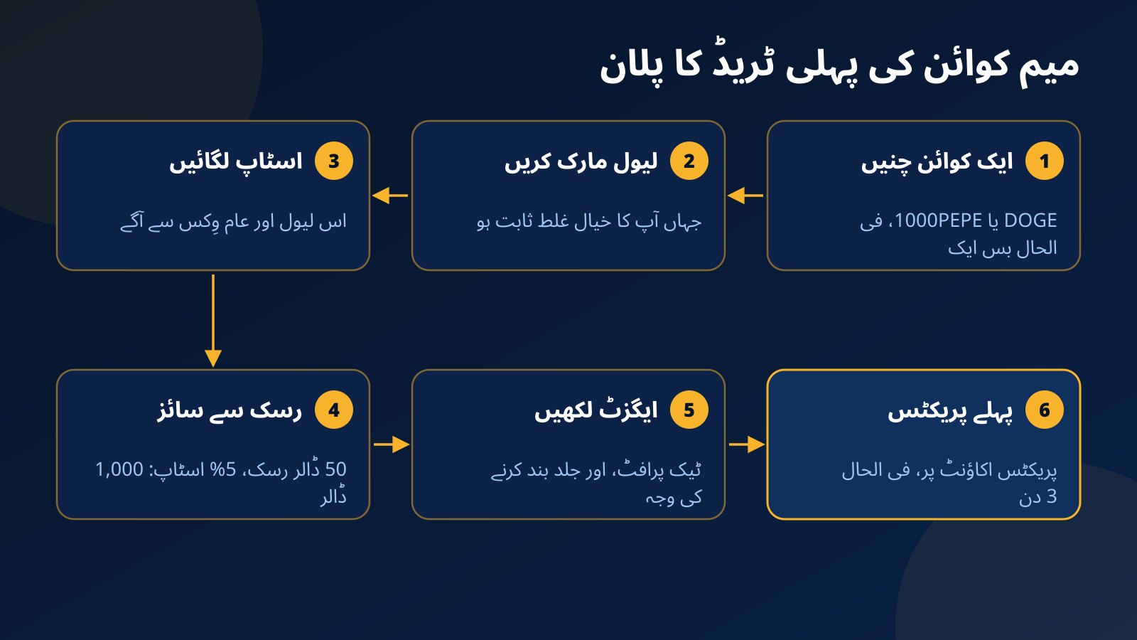 میم کوائن کی پہلی ٹریڈ کے چھ قدم: ایک کوائن چنیں، لیول مارک کریں، اسٹاپ لگائیں، 50 ڈالر رسک اور 5% اسٹاپ سے 1,000 ڈالر کا سائز، ایگزٹ لکھیں، پہلے پریکٹس