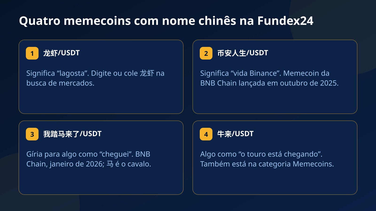 Quatro cartões das memecoins com nome chinês na Fundex24: 龙虾/USDT é lagosta, 币安人生/USDT é vida Binance, 我踏马来了/USDT é cheguei e 牛来/USDT é o touro está chegando