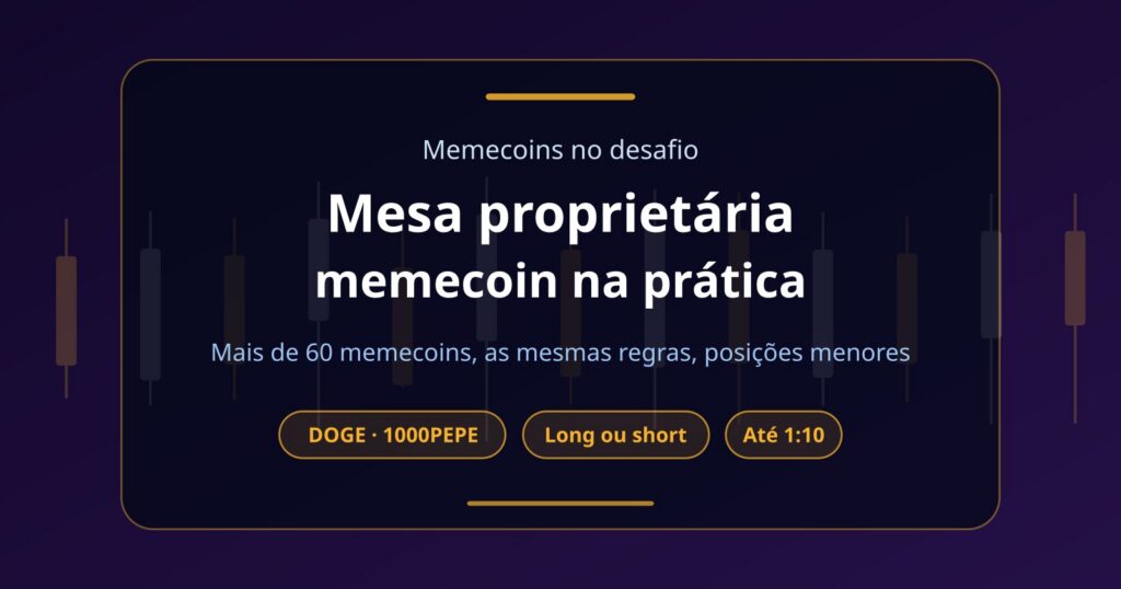 Mesa proprietária memecoin: dá para operar DOGE, PEPE e WIF no desafio?