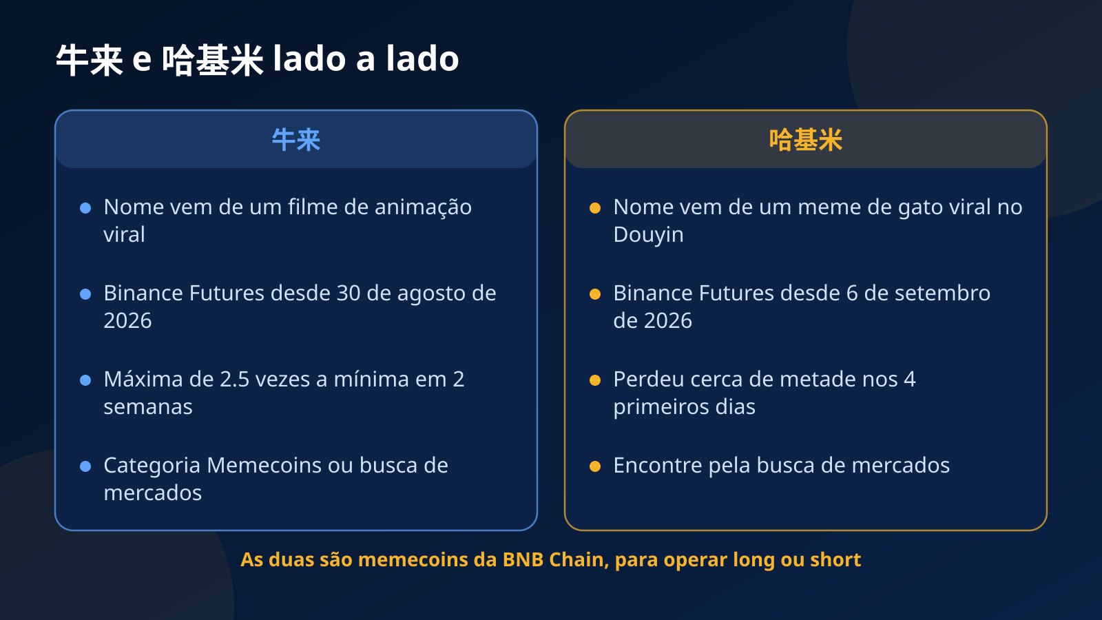 Comparação lado a lado de 牛来 e 哈基米: de onde vem cada nome, quando começou cada perpétuo na Binance Futures, como cada uma se mexeu nos primeiros dias e como achá-la na Fundex24