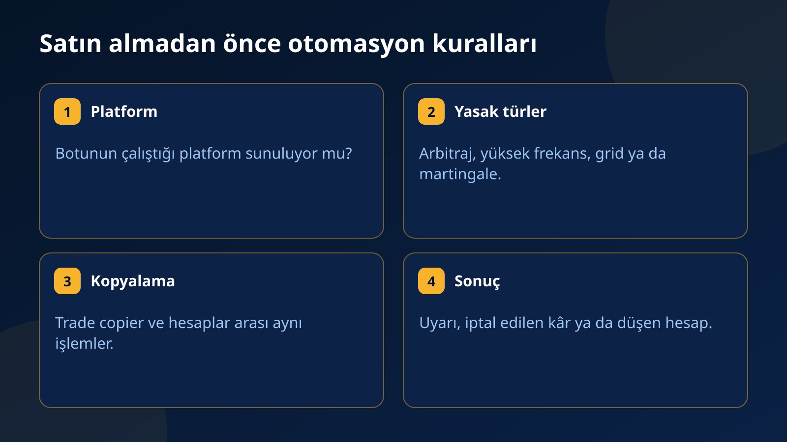 Prop firm challenge satın almadan önce kontrol edilecek otomasyon kuralları: botun çalıştığı platform, yasak türler, hesaplar arası kopyalama ve ihlalin sonucu