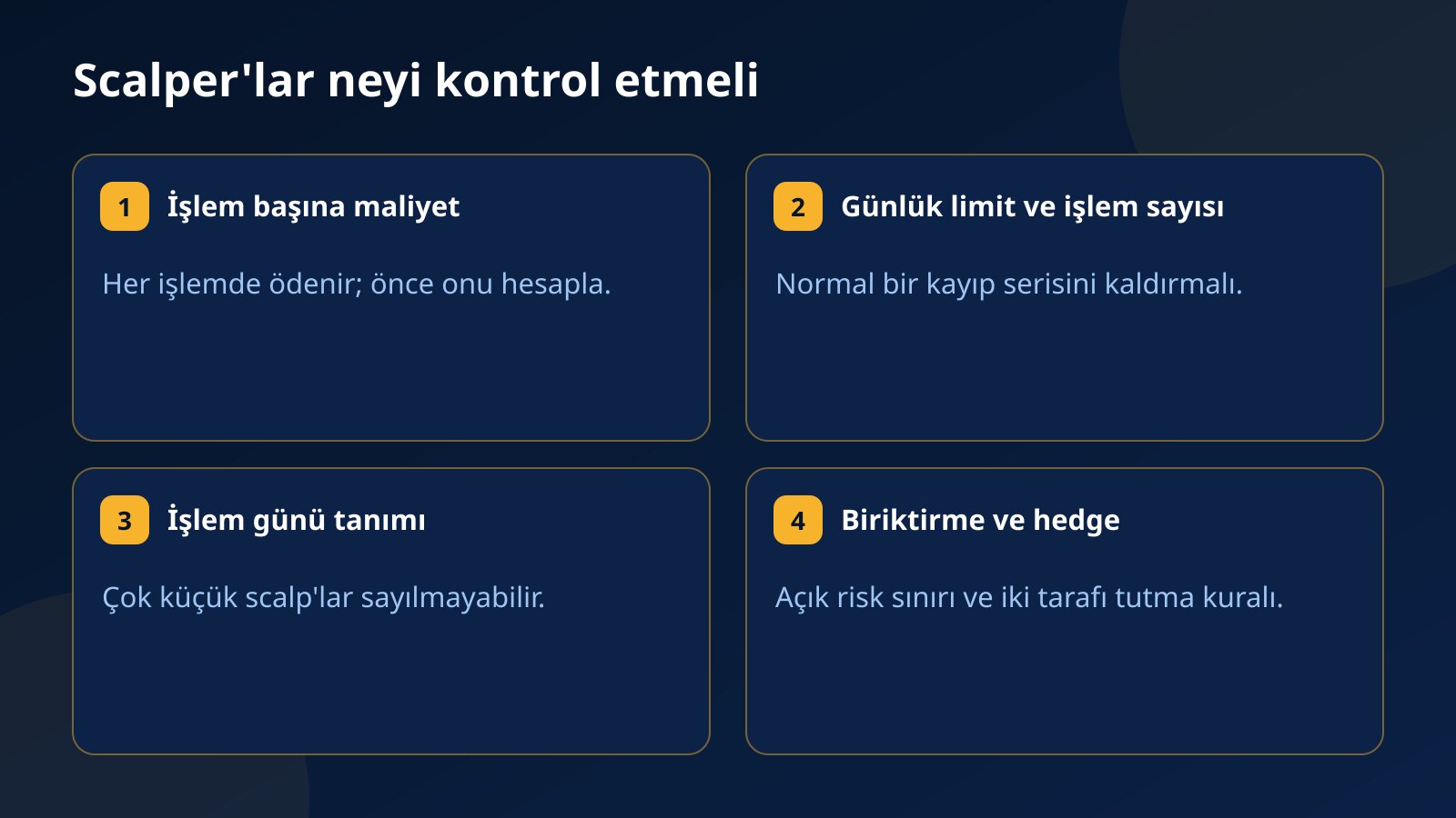 Scalper'ların prop firm hesabında kontrol etmesi gerekenler: işlem başına maliyet, işlem sayısına göre günlük limit, işlem günü tanımı, pozisyon biriktirme ve hedge kuralları