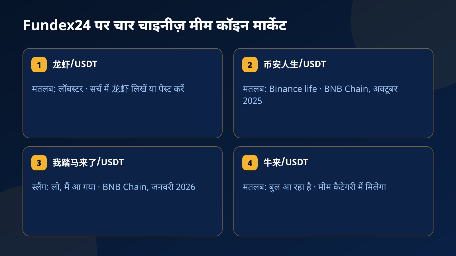 चार कार्ड में Fundex24 के चार चाइनीज़ मीम कॉइन मार्केट: 龙虾, 币安人生, 我踏马来了 और 牛来 के नाम का मतलब, BNB Chain पर लॉन्च का महीना और खोजने का तरीका