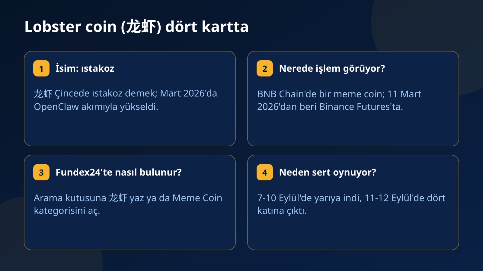 Lobster coinin isminin anlamını, işlem gördüğü yerleri, Fundex24'te nasıl bulunduğunu ve Eylül'deki sert hareketlerini özetleyen dört kart