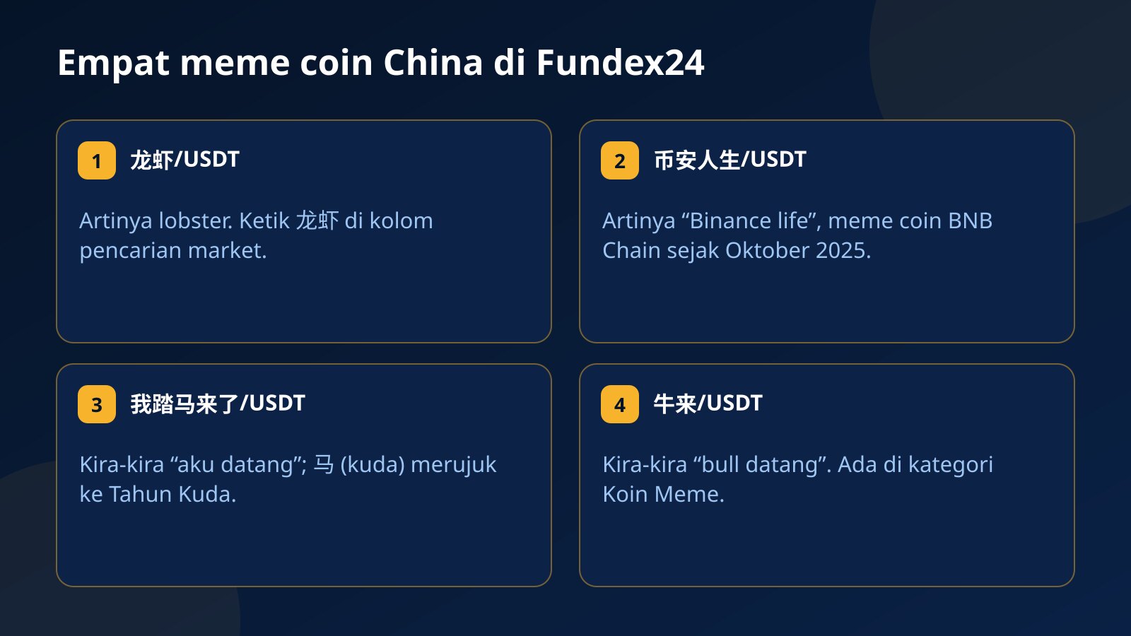 Empat kartu meme coin China di Fundex24: 龙虾/USDT berarti lobster, 币安人生/USDT berarti Binance life, 我踏马来了/USDT kira-kira aku datang, dan 牛来/USDT kira-kira bull datang