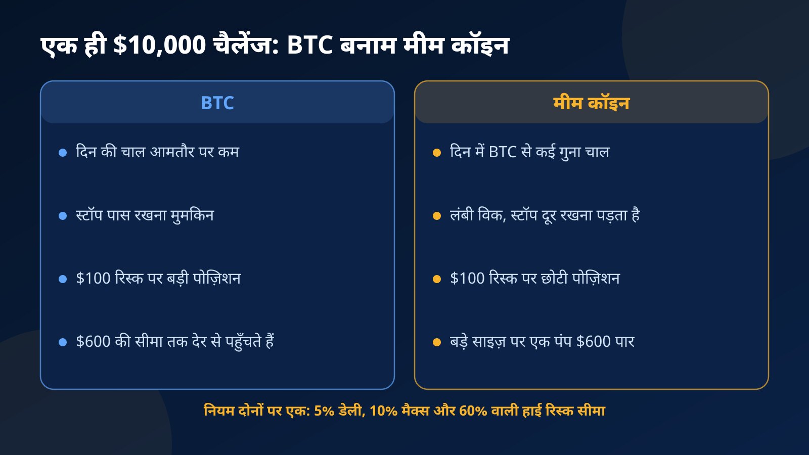 एक ही $10,000 चैलेंज में BTC और मीम कॉइन की तुलना: नियम एक जैसे, पर मीम कॉइन पर तेज़ चाल, लंबी विक, दूर स्टॉप और छोटी पोज़िशन