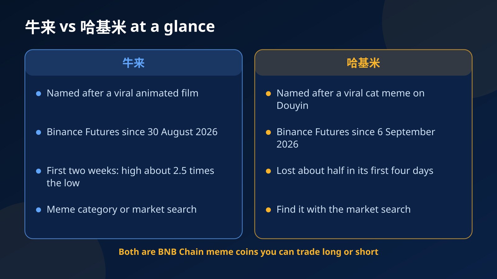 Side-by-side comparison of 牛来 and 哈基米: where each name comes from, when each Binance Futures perpetual started, how each moved in its first days and how to find it on Fundex24