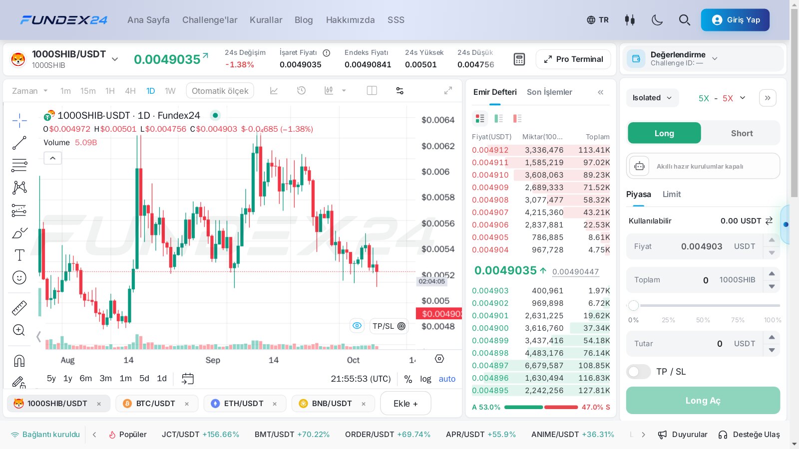 Fundex24 işlem ekranında 1000SHIB/USDT günlük mum grafiği, Ağustos–Ekim arası fiyat hareketi, emir defteri ve Long ile Short seçenekli emir paneli